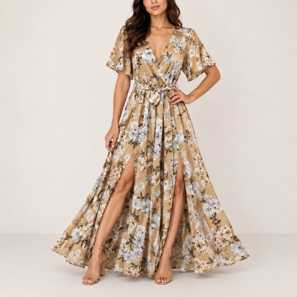 Baltic Born Sicily Satin Maxi Dress S Tan Gold Floral Boho